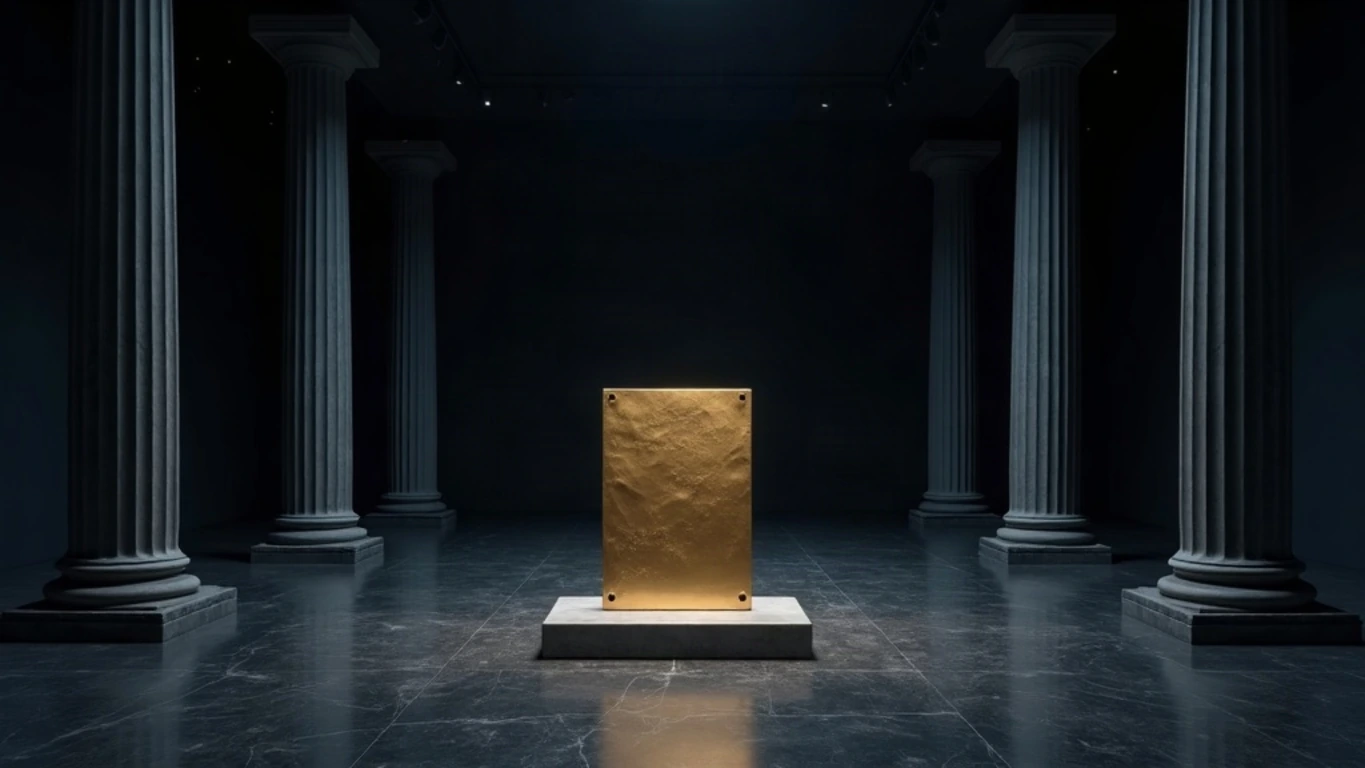 A row of eight empty Parian marble pedestals standing in a deep midnight navy void, each carved in the classical manner with a name plinth left deliberately blank, lit from one side in dramatic chiaroscuro, gold dust motes drifting, and a single ninth plinth in front of them bearing a crudely bolted plate of hammered gold