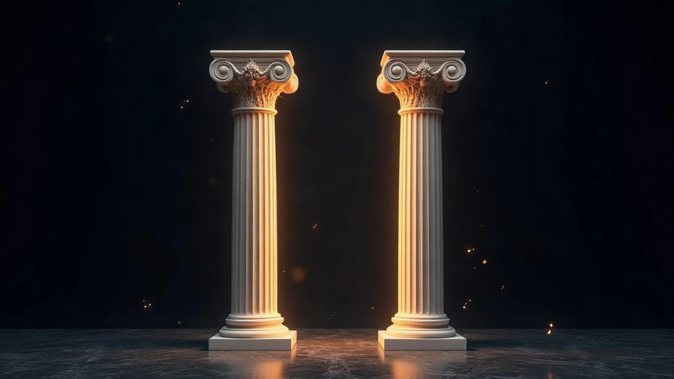 Two identical fluted Parian marble columns with ornate Corinthian capitals standing side by side in a deep midnight navy void, the same height and the same carved detail, with a broad amber-gold light glowing in the gap between them and their outer edges falling into deep shadow