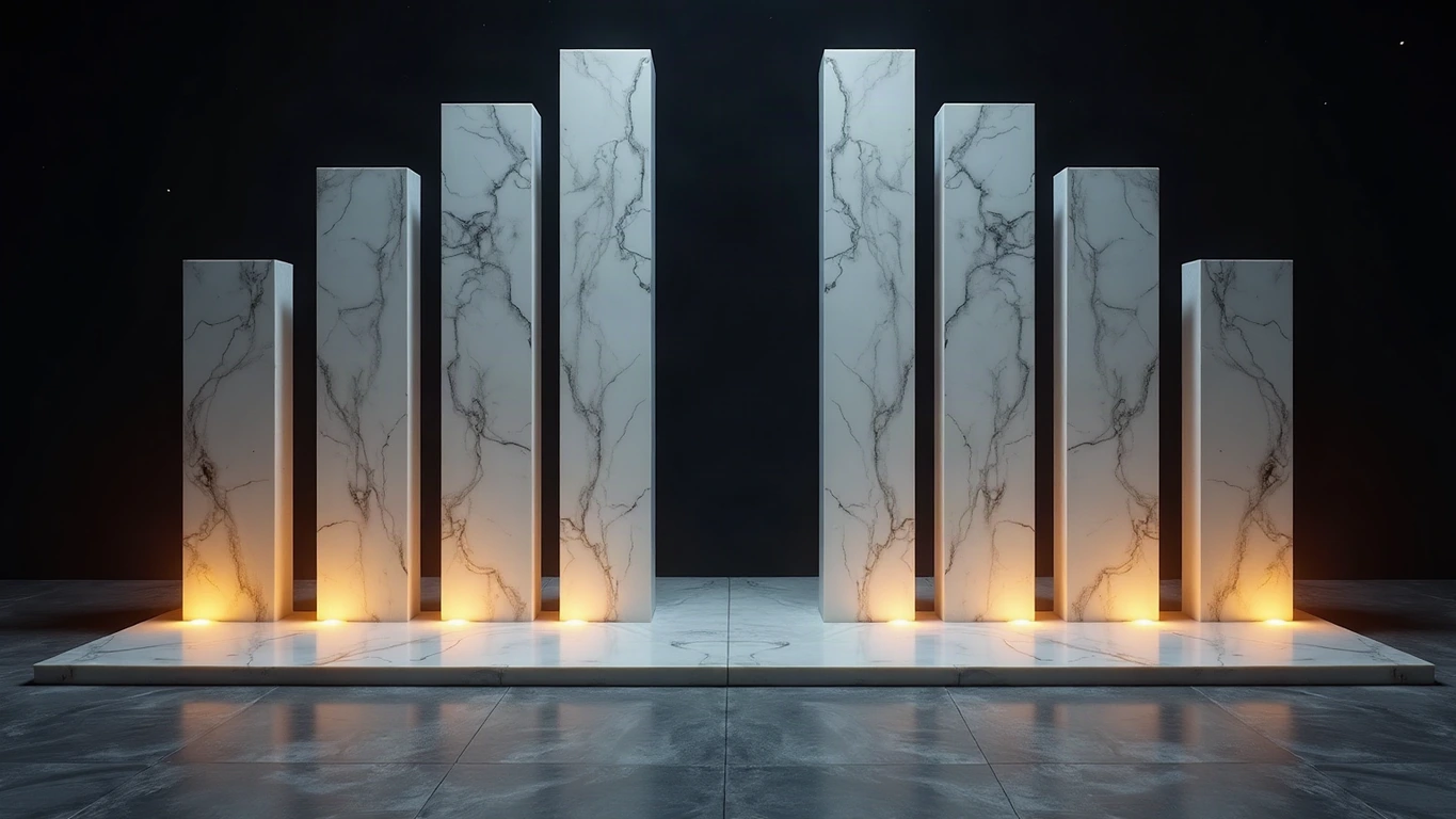 Ten tall rectangular slabs of veined white Parian marble standing in a symmetrical arch in a deep midnight navy void, their tops rising to four distinct heights, warm amber-gold light glowing along their bases and pooling on the polished reflective floor, gold dust motes and dim stars above; every marble surface is blank and unmarked