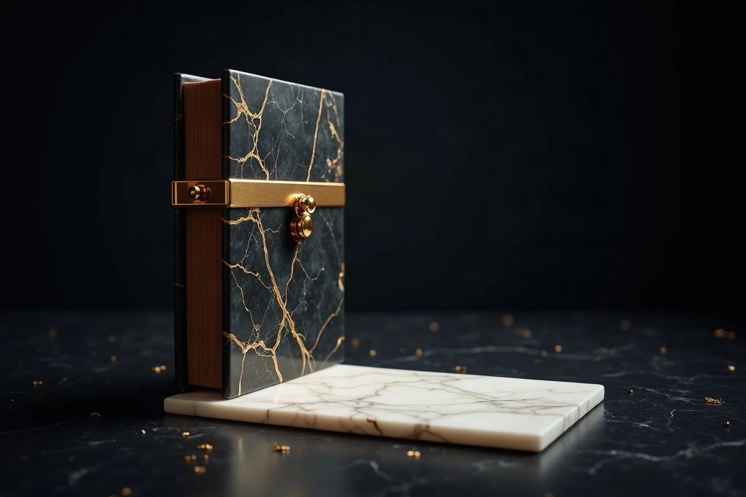 A thick bound volume with a cover of dark veined marble stands upright in a deep midnight navy void, sealed by a wide band of glowing gold; on the dark reflective floor beside it lies a single blank slab of white Parian marble.
