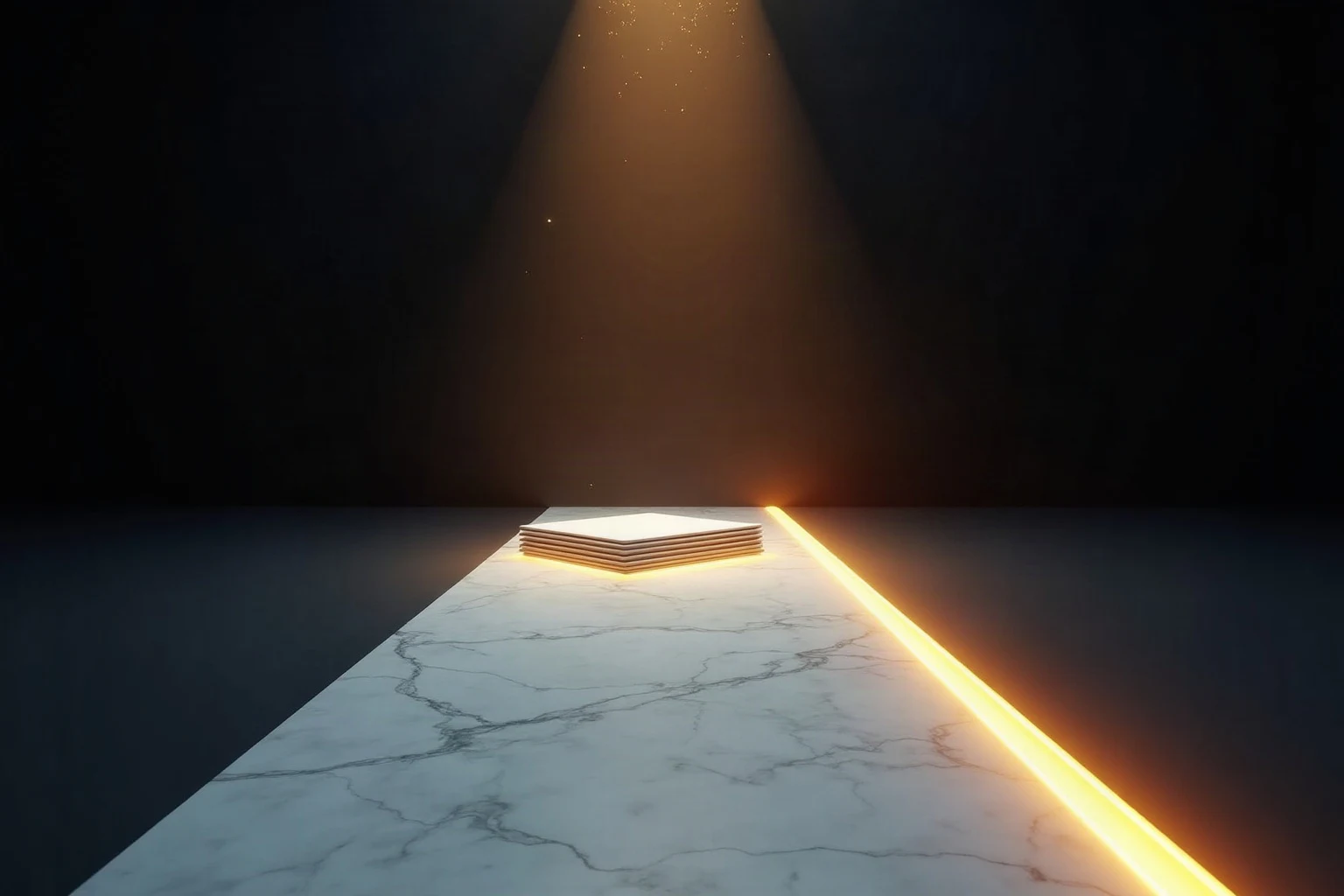 A long narrow strip of veined white Parian marble recedes into a deep midnight navy void, its two long edges rimmed in glowing gold and a single seam of gold light running down its center; the lit strip narrows toward a vanishing point and dissolves into darkness, with gold dust motes drifting in the air.