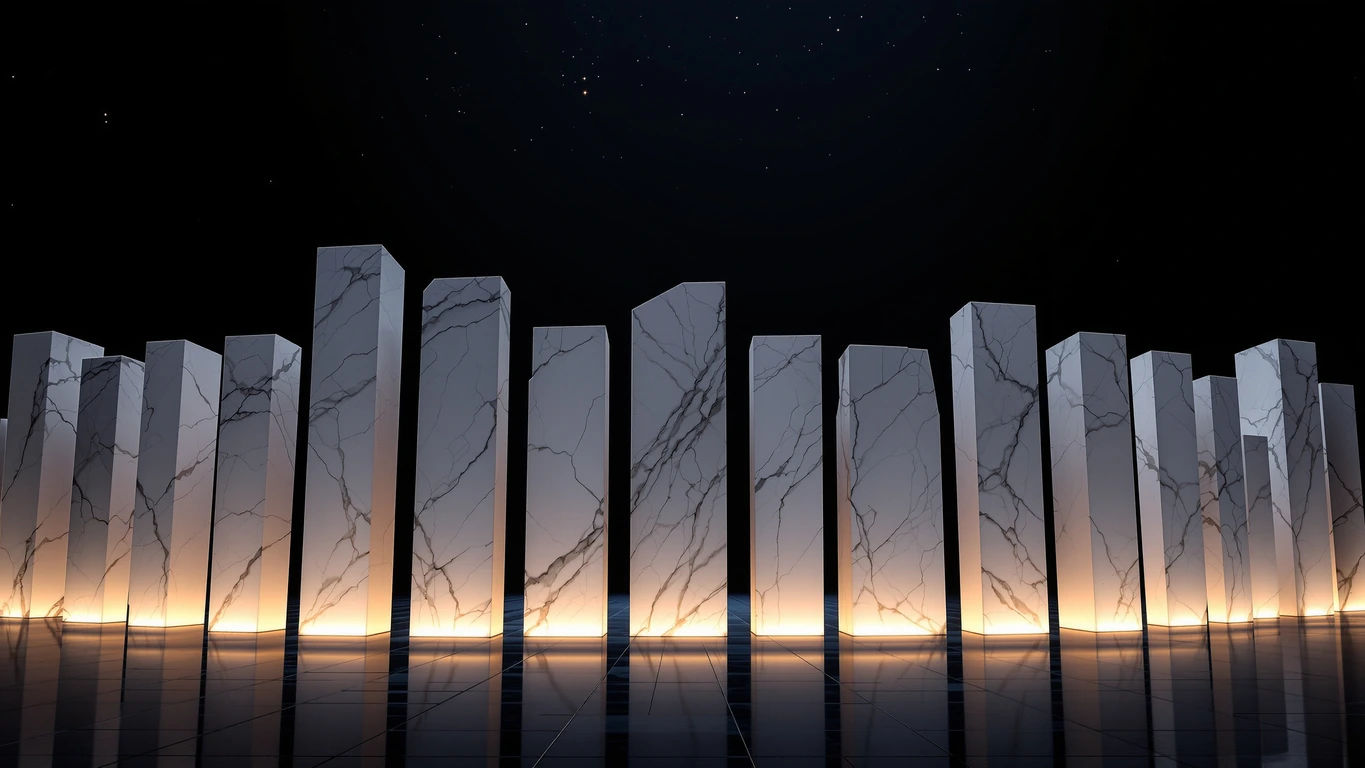 A long row of blank Parian marble slabs of equal width but greatly unequal height standing on a polished dark floor in a deep midnight navy void, warm amber-gold light glowing along their bases and raking up their unmarked faces, the tallest catching a thin rim of cold light, every marble surface uncarved and bearing no text