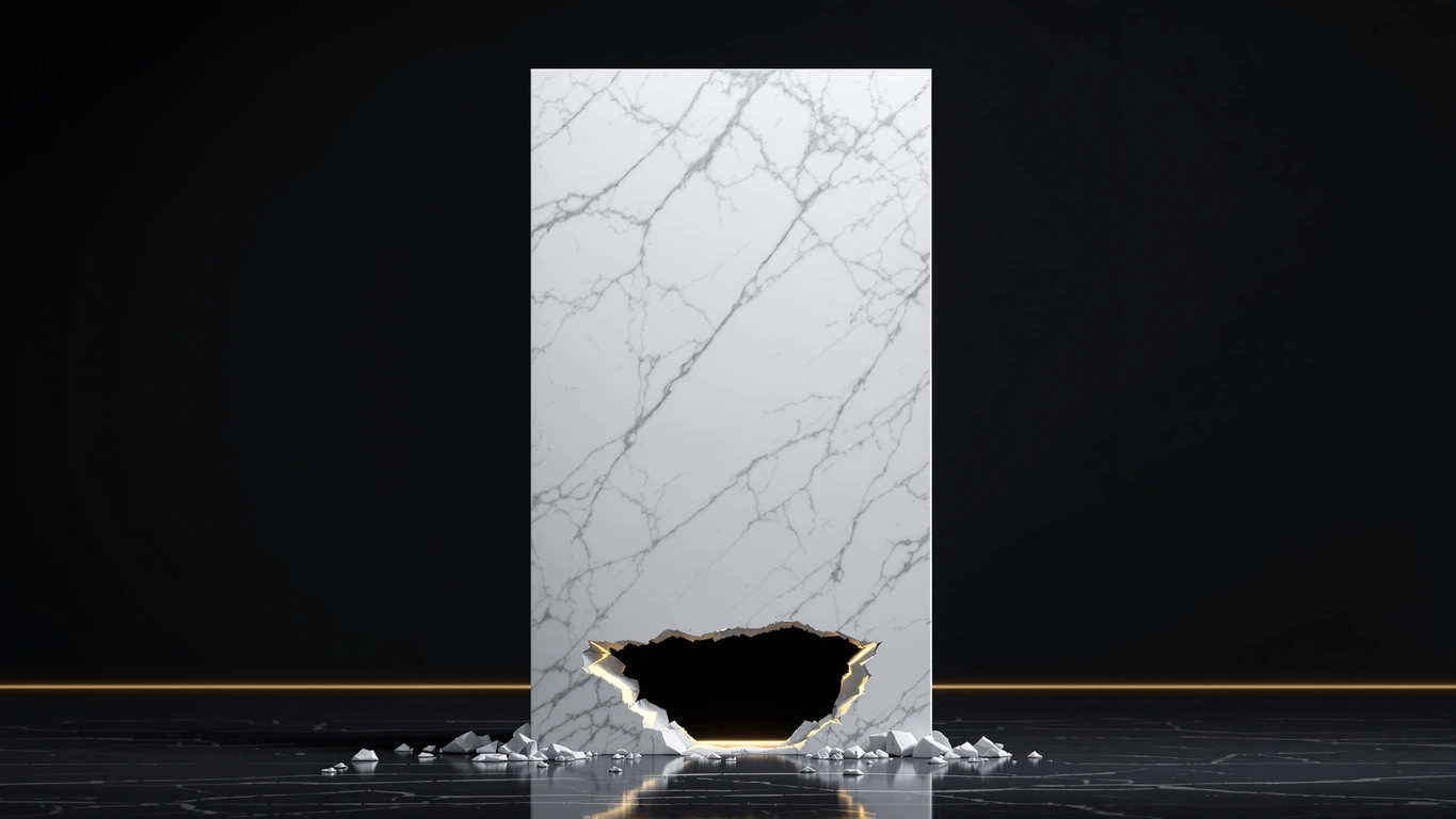 A single tall slab of white veined Parian marble stands full height in a deep midnight navy void, its face completely blank and unmarked, while near its base the stone has broken away into a jagged opening that reveals a dark hollow interior, with warm amber-gold light raking across the marble and glowing inside the cavity and small chunks of broken marble scattered on the reflective floor at its foot