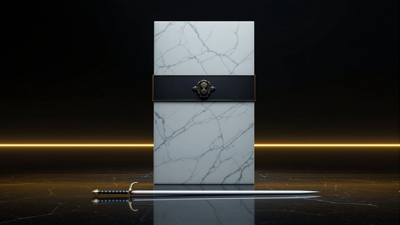 A single upright slab of white veined Parian marble stands alone in a deep midnight navy void, its broad face completely blank and unmarked, with a thick band of dark riveted iron sealing it horizontally across the middle like a locked reliquary, and a thin blade of warm amber-gold light bleeding out sideways from beneath the iron band while a long plain sword lies flat on the reflective black floor at the slab's foot, warm gold rim-light raking the marble edges