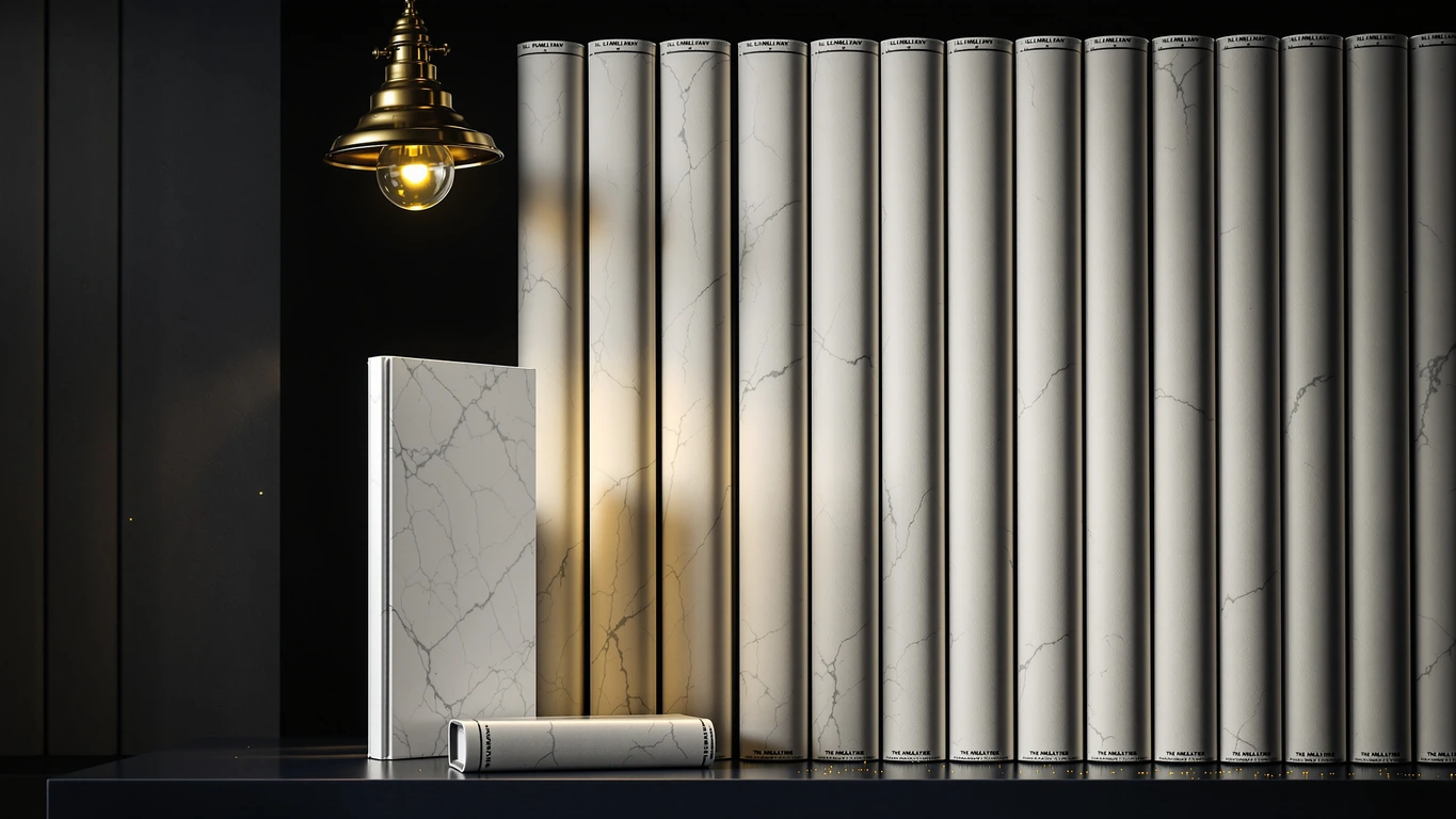 A tall shelf of identical blank Parian marble volumes recedes into a deep midnight navy darkness, each spine completely unmarked and unfigured, while one volume at the near end stands pulled slightly forward from the row, its cover catching a warm amber-gold raking light that reveals fine veining in the stone, with faint gold dust suspended in the air and a single unlit brass reading lamp hanging above the shelf